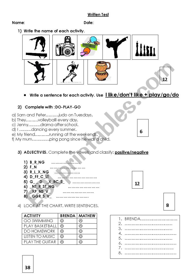 TEST: LOKE/NOT LIKE + ING-ACTIVITIES-PLAY,GO,DO.