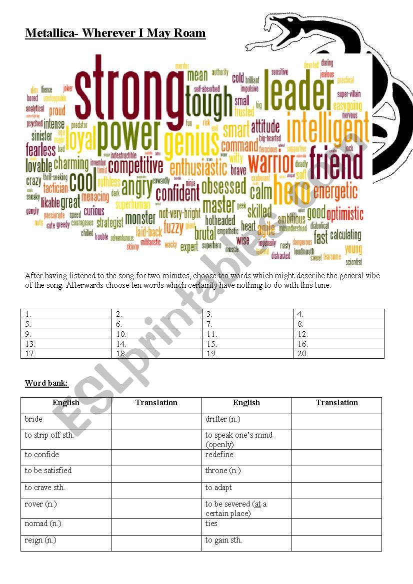 Vocabulary and Listening Exercise- Metallica: Wherever I may roam