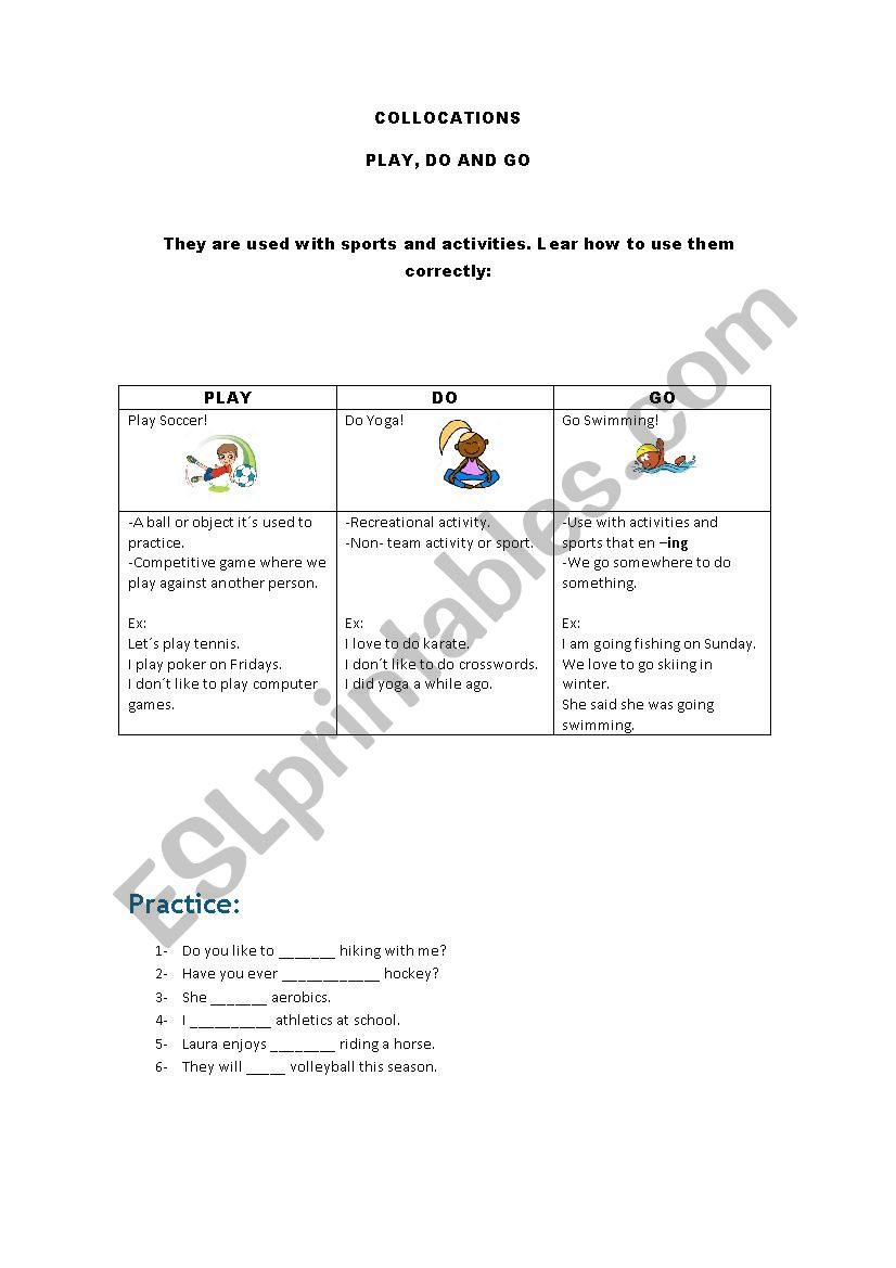Collocations Play, Do and Go worksheet