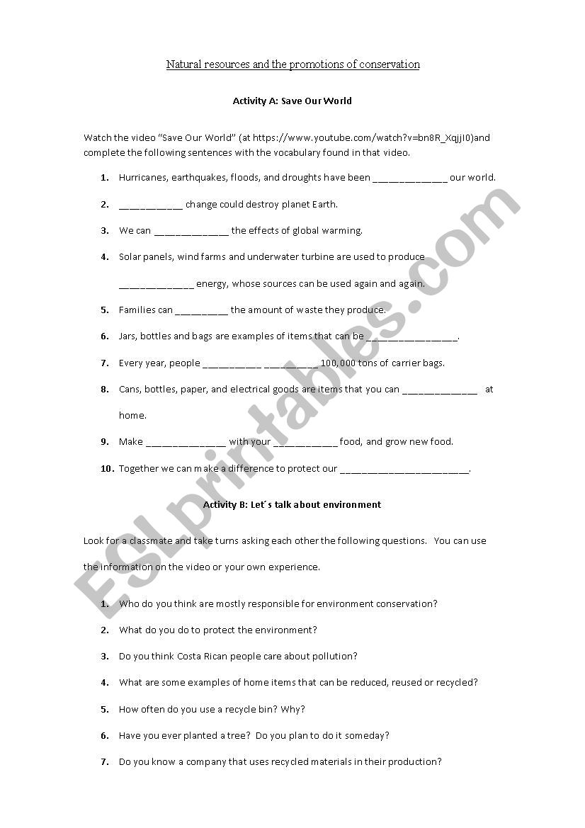 Natural Resources worksheet