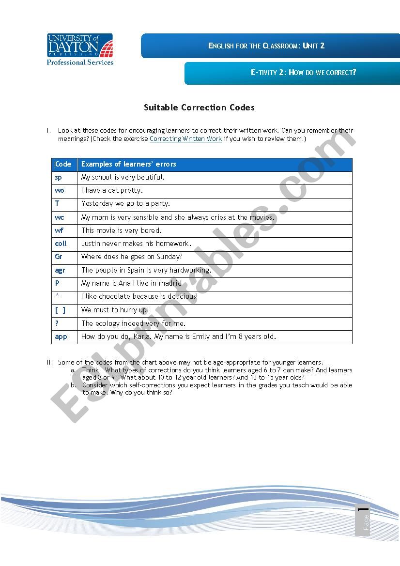 correction codes worksheet