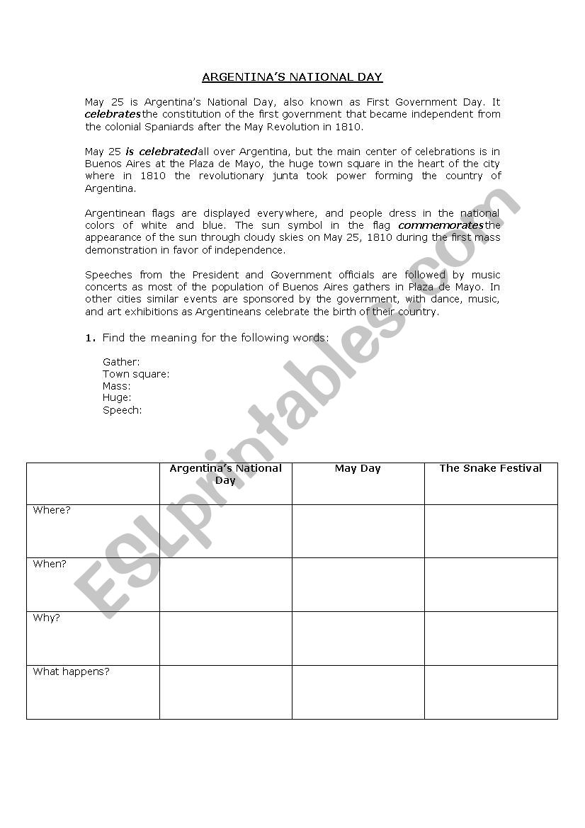 Celebrations worksheet