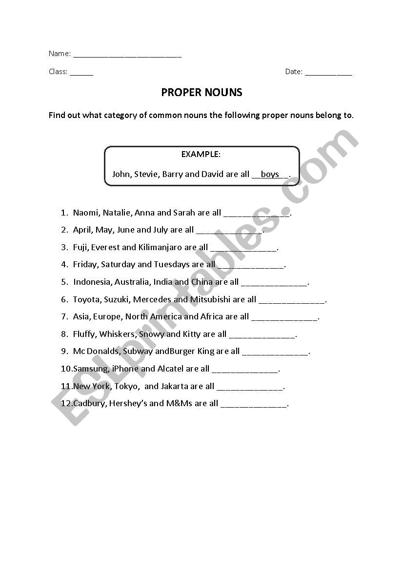 Common and Proper Nouns worksheet