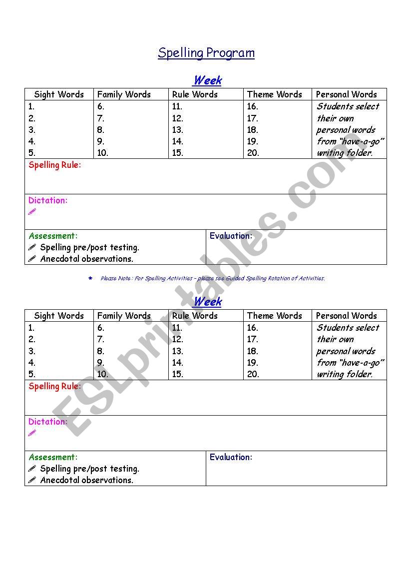 Spelling Program Template worksheet