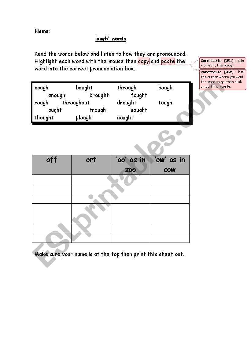 Spelling ough word activity sheet
