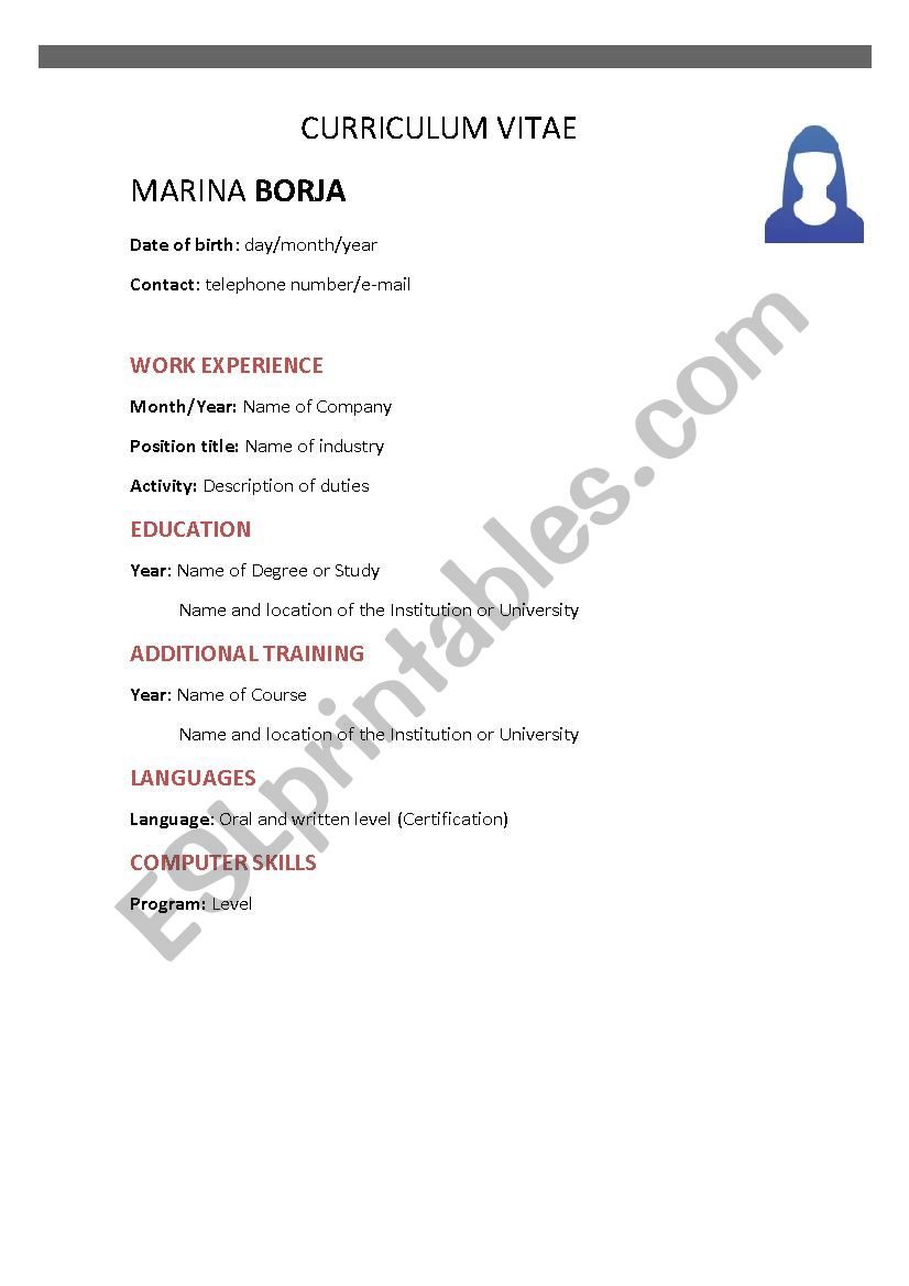 CURRICULUM VITAE worksheet