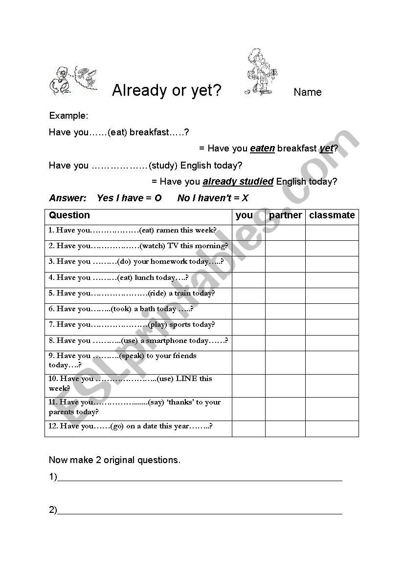 Already or yet? worksheet