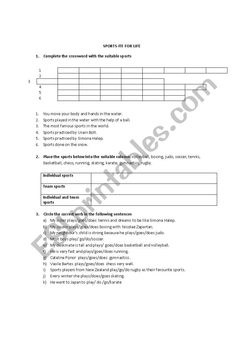 Sports worksheet