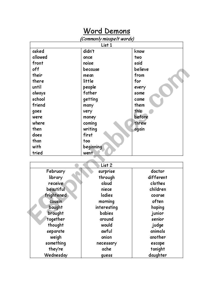 Word Demons worksheet