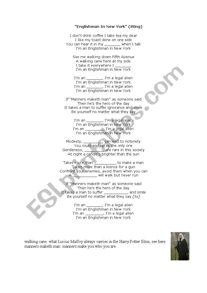 Englishman in New York worksheet
