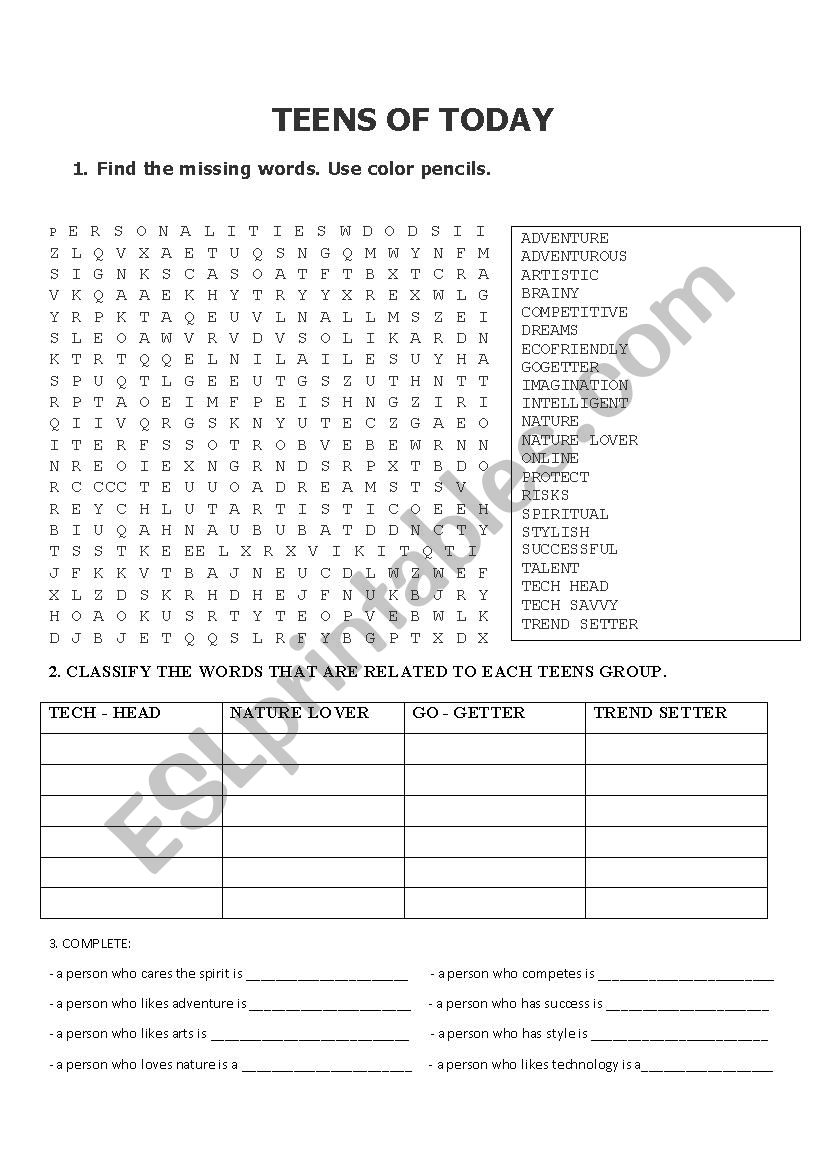 teens of today worksheet