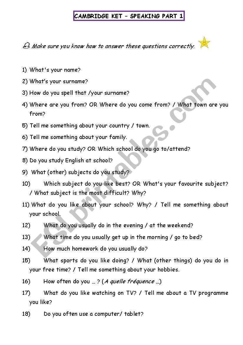 speaking free english test level Speaking Schools for Part KET worksheet 1  ESL  Cambridge