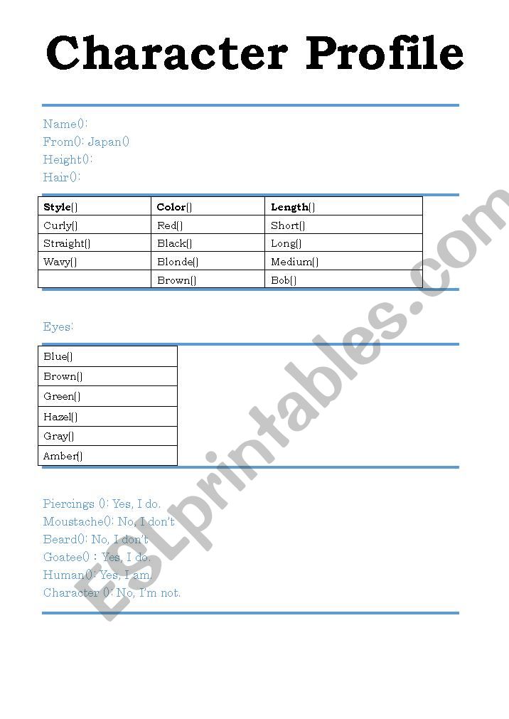 Character Profile Sheet worksheet