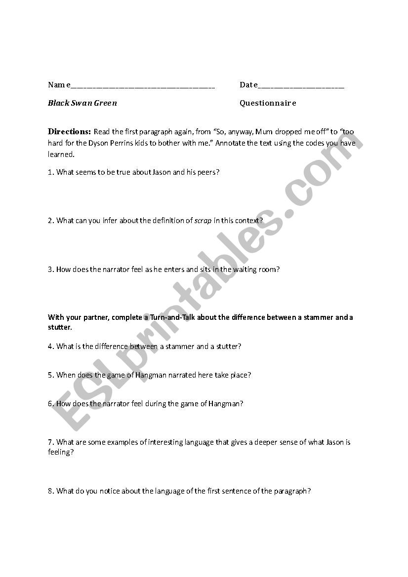 skive voldsom smukke Black Swan Green Questionnaire - ESL worksheet by irunya626