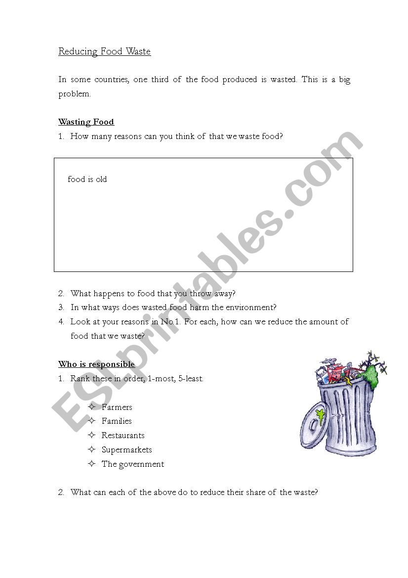 Reducing food waste worksheet