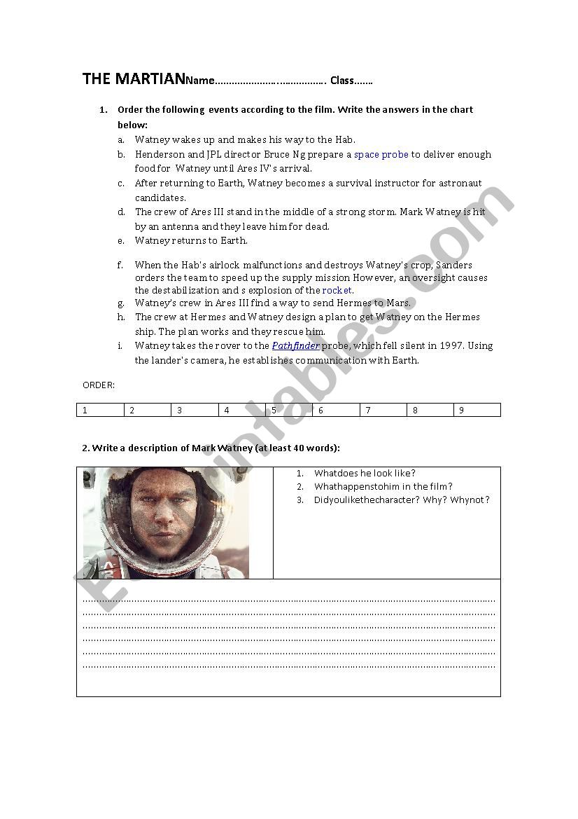 THE MARTIAN worksheet