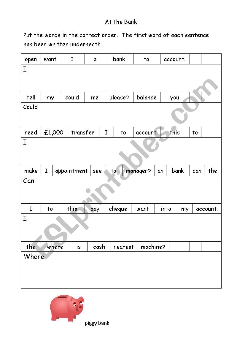 visiting the bank worksheet