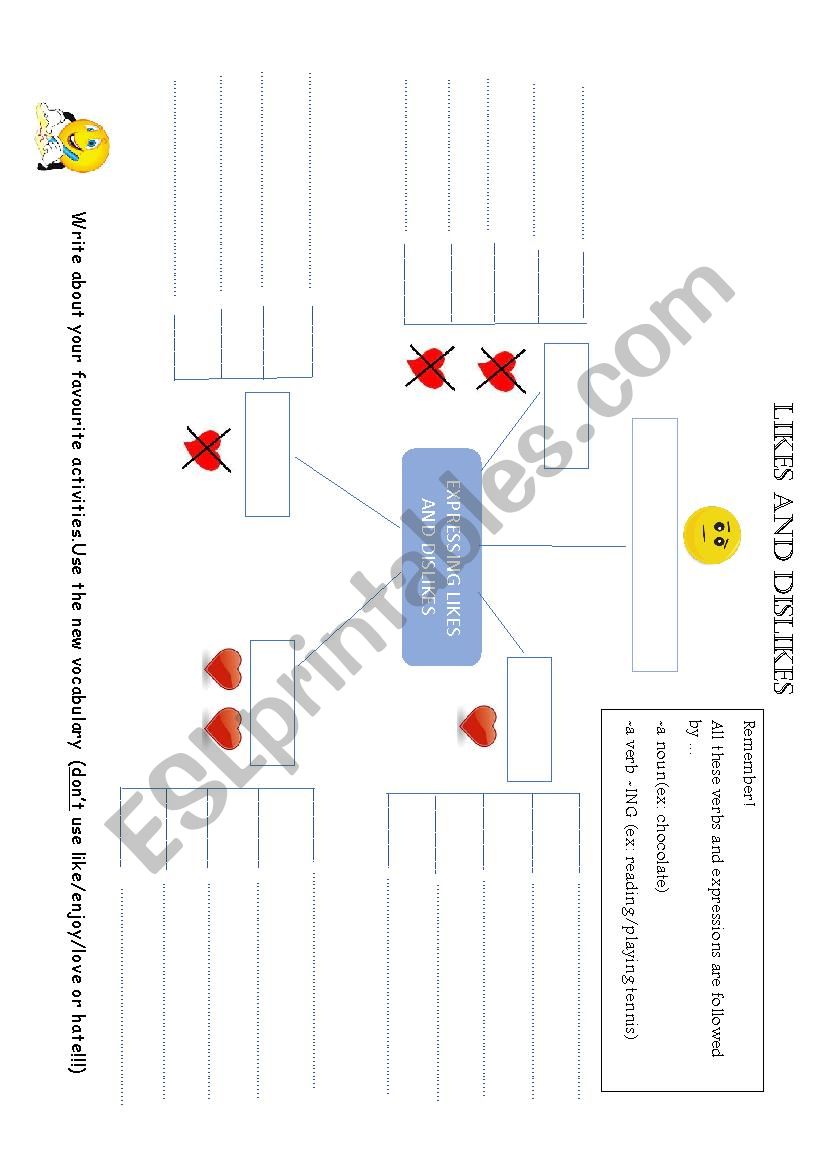 Likes and dislikes mind map worksheet (key included)