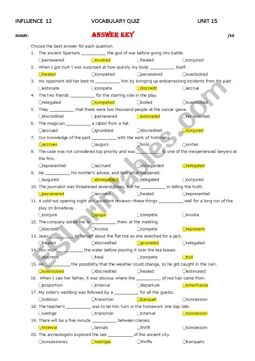   	Influence 12 Unit 15 Vocabulary Quiz