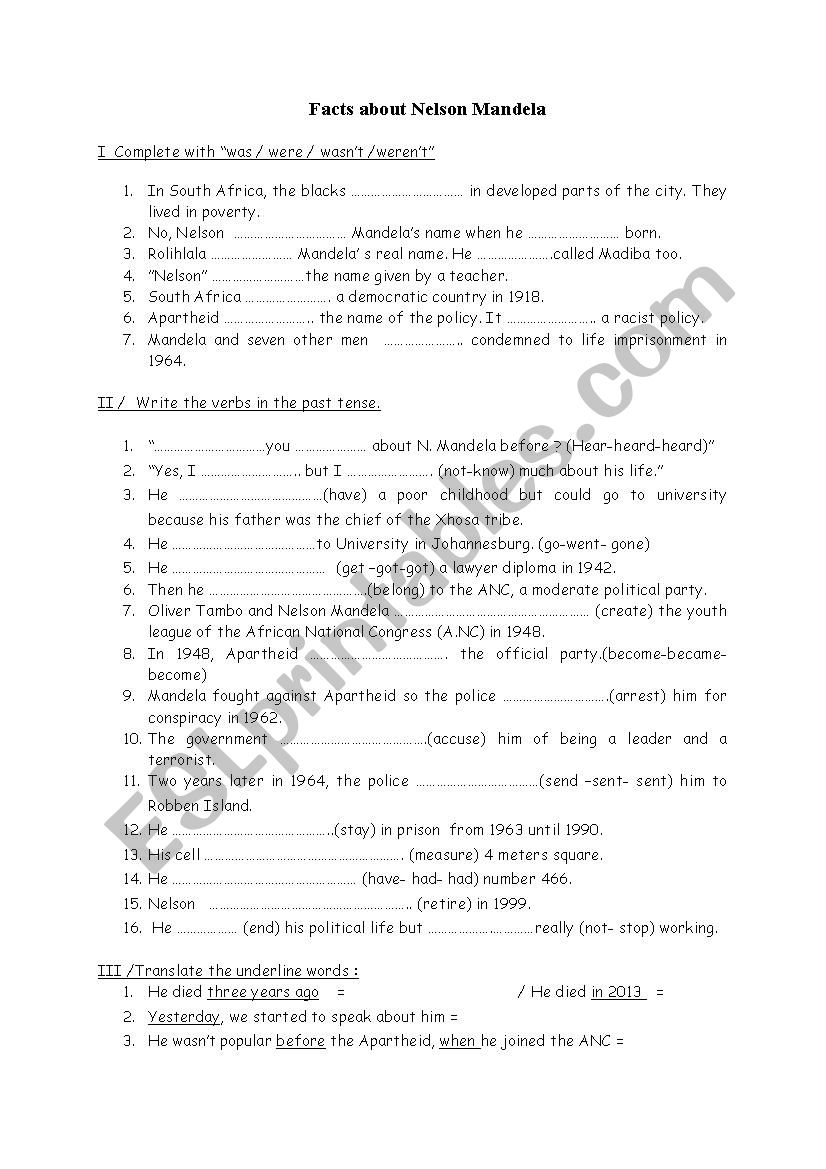 exercice about the biography of Nelson Mandela