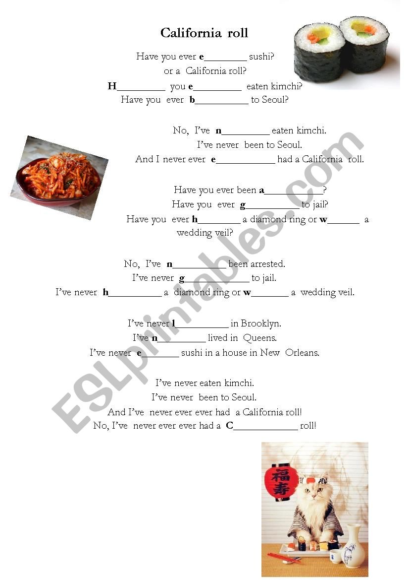 California roll worksheet