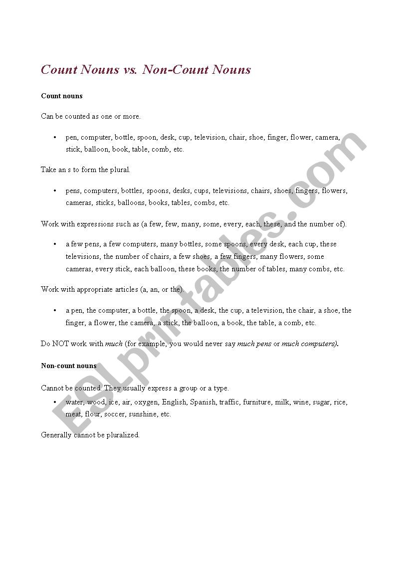 Count nouns worksheet