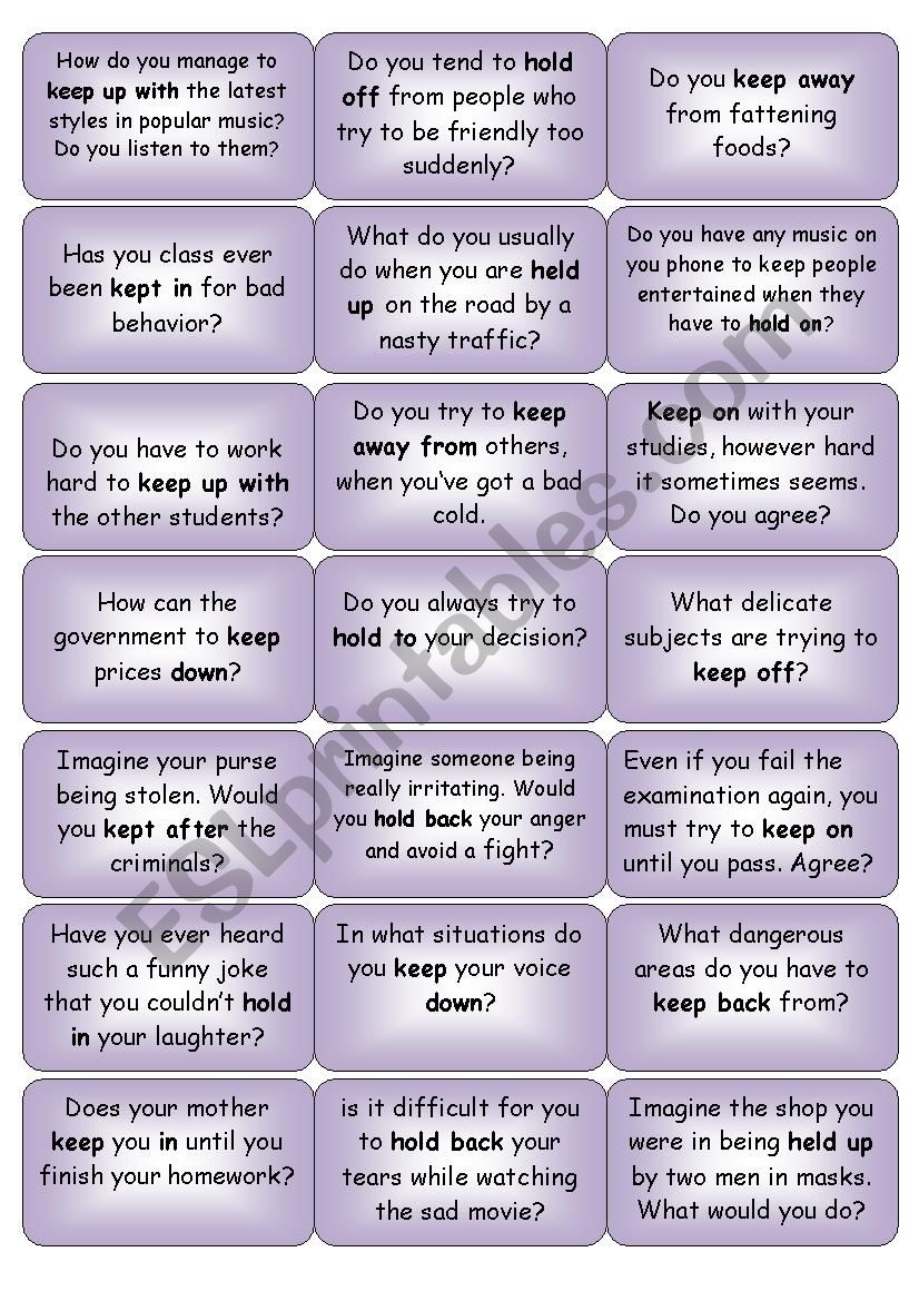 conversation cards hold and keep phrasal verbs - ESL worksheet by kimto