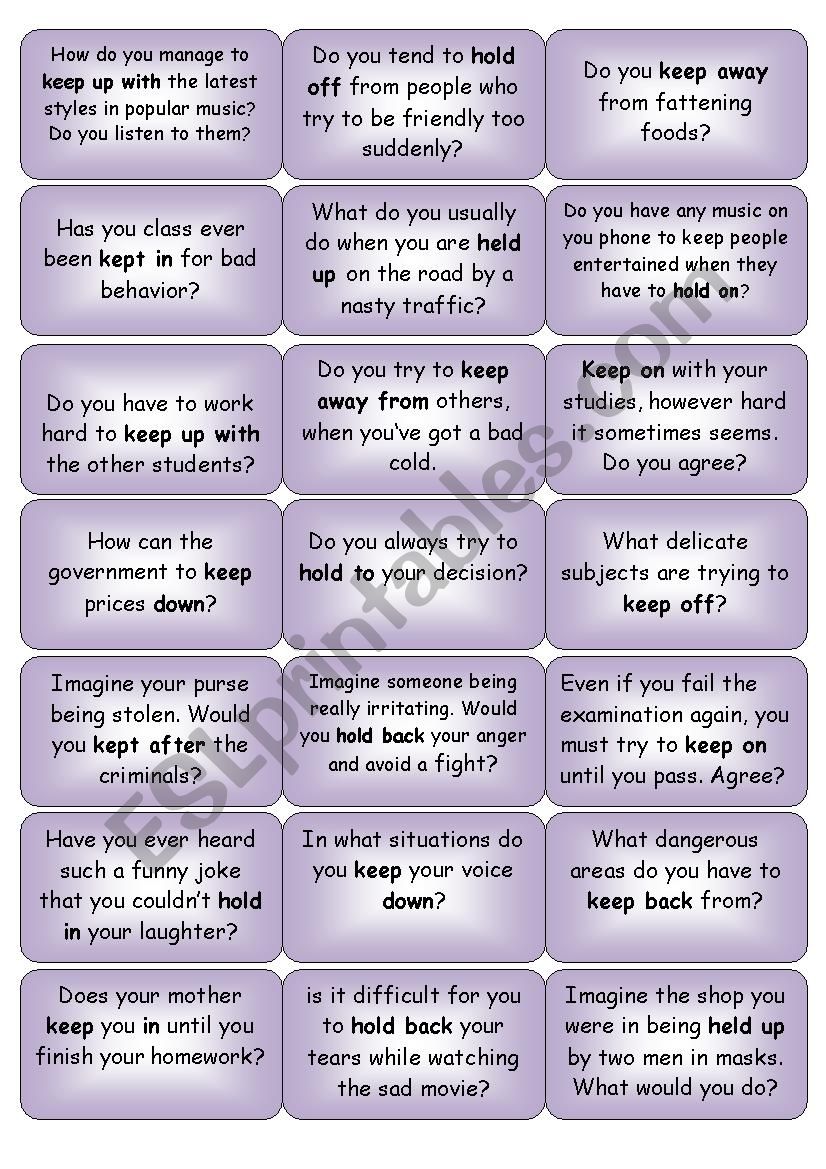 conversation cards hold and keep phrasal verbs