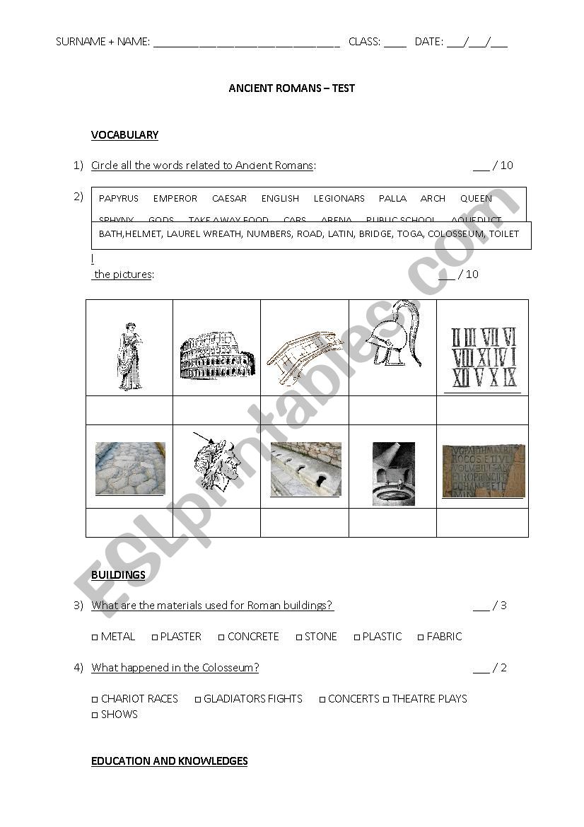 Ancient Romans test worksheet