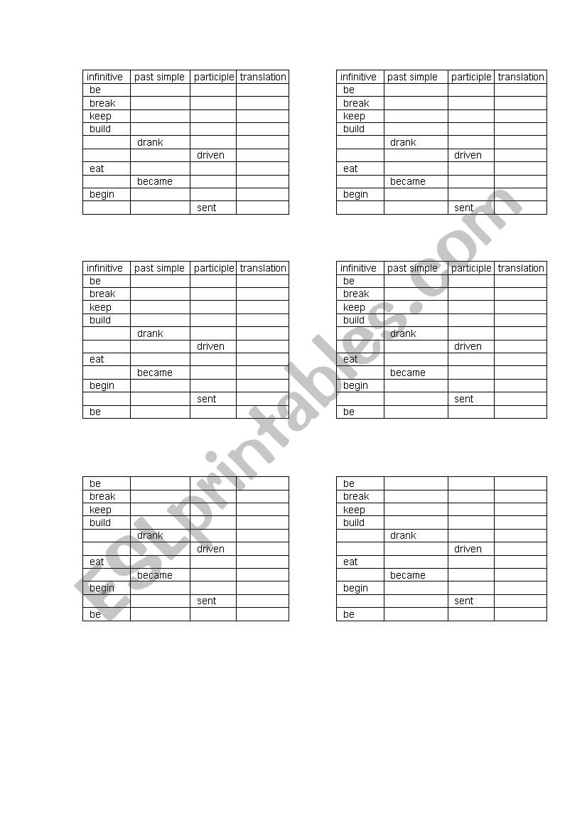 irregular verbs test worksheet