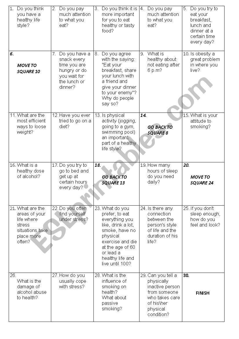 healthy lifestyle - boardgame worksheet