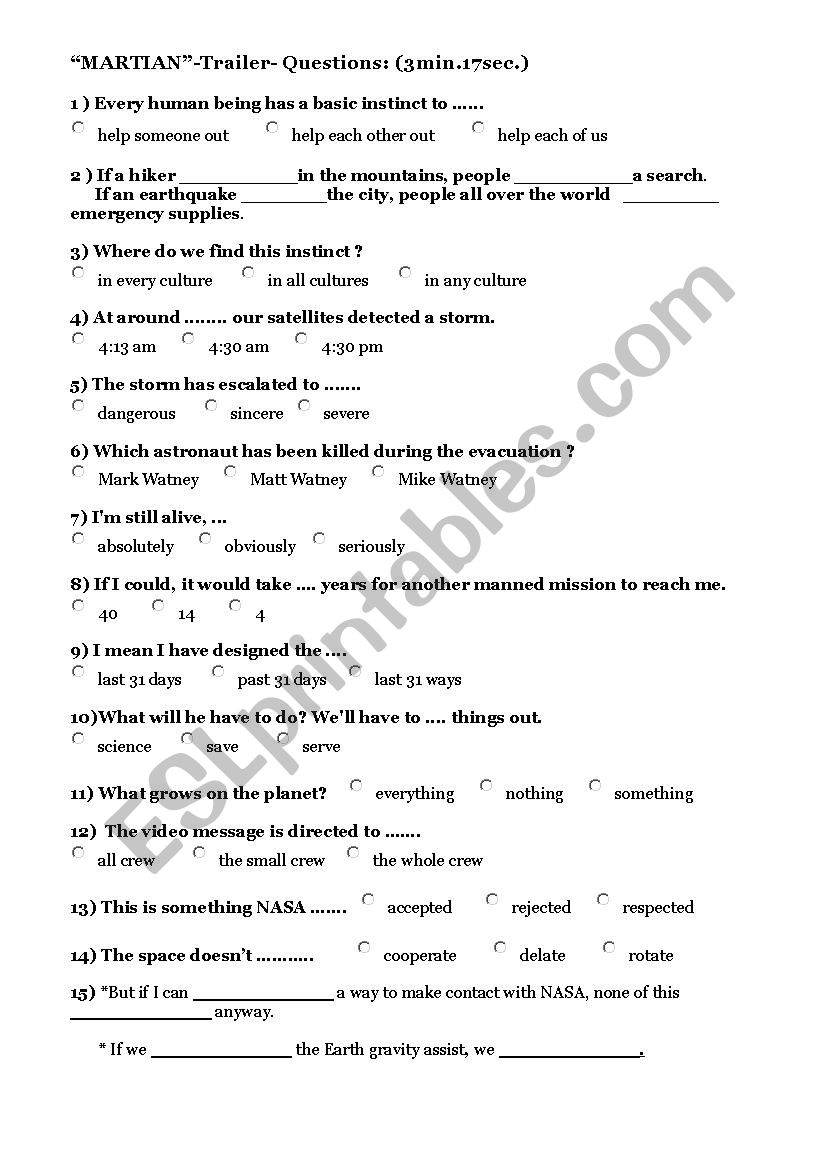 MARTIAN-Trailer Questions worksheet