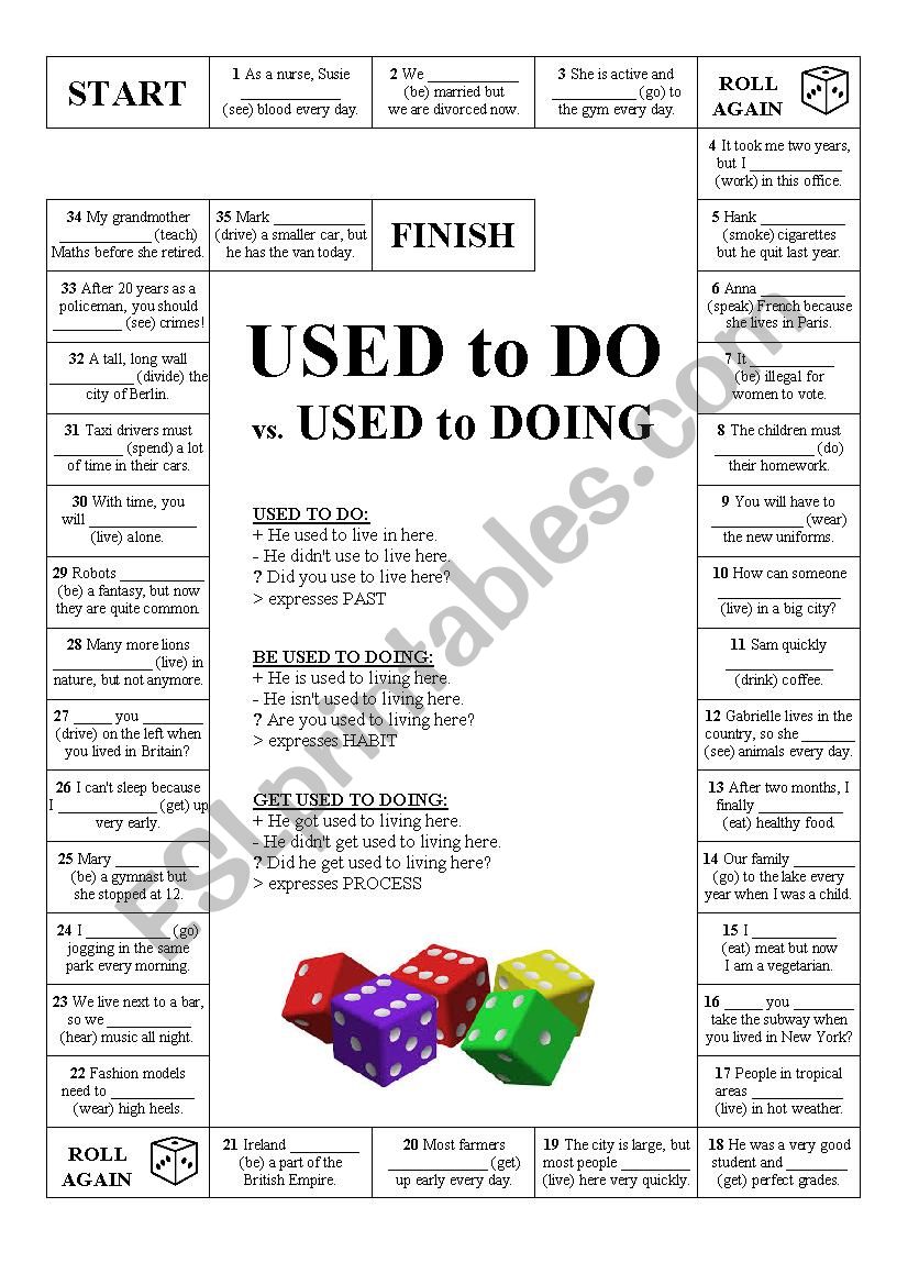 USED TO Board Game worksheet