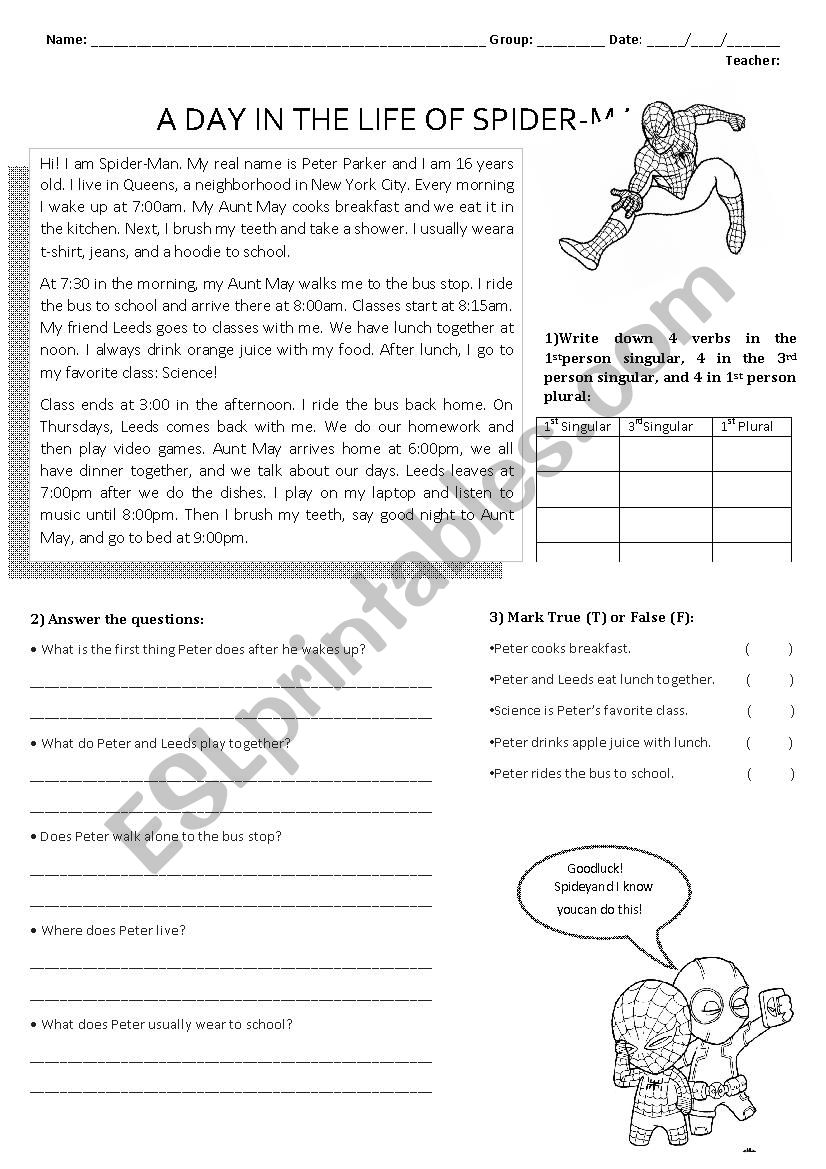 Reading Worksheet: A Day in the Life of Spider-Man!