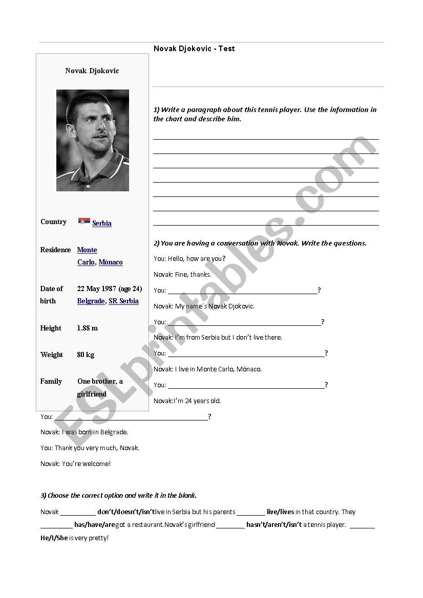 Novak Djokovic - Test worksheet