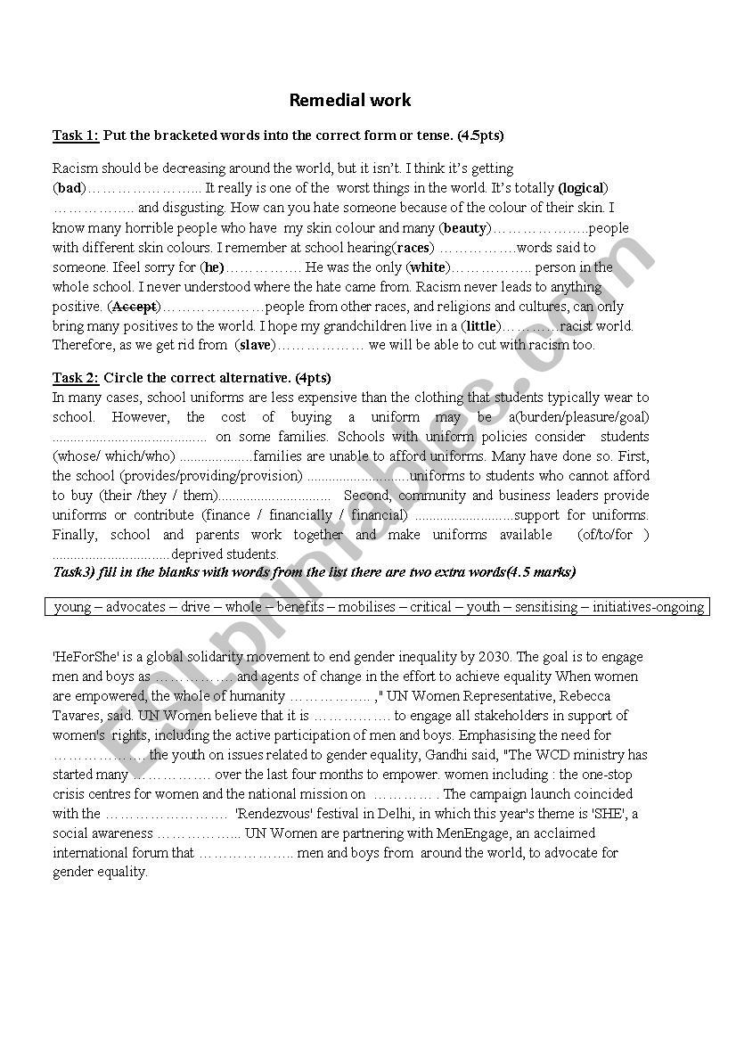 2nd form remedial work worksheet