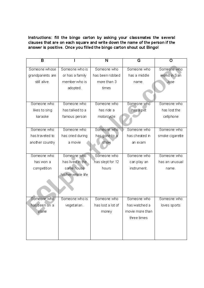 BINGO: PRACTICE SPEAKING WITH PRESENT PERFECT