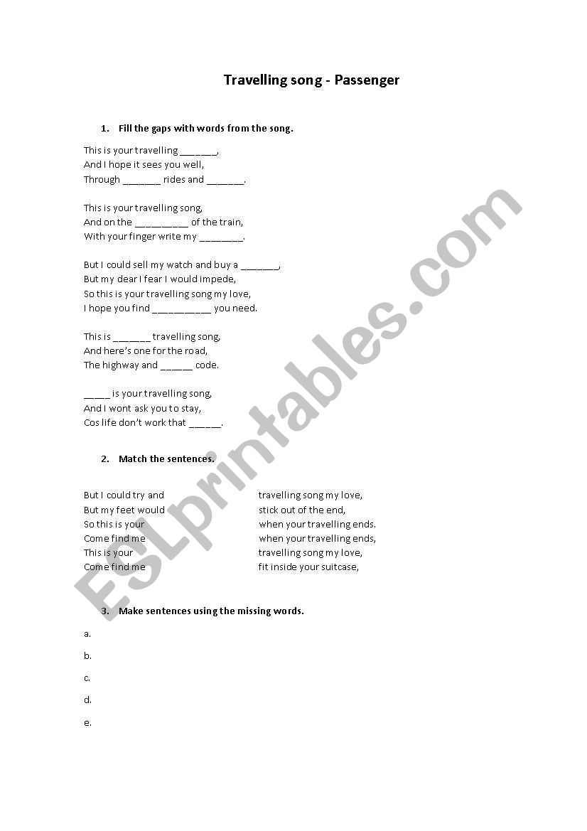 Travelling Song - Passenger worksheet