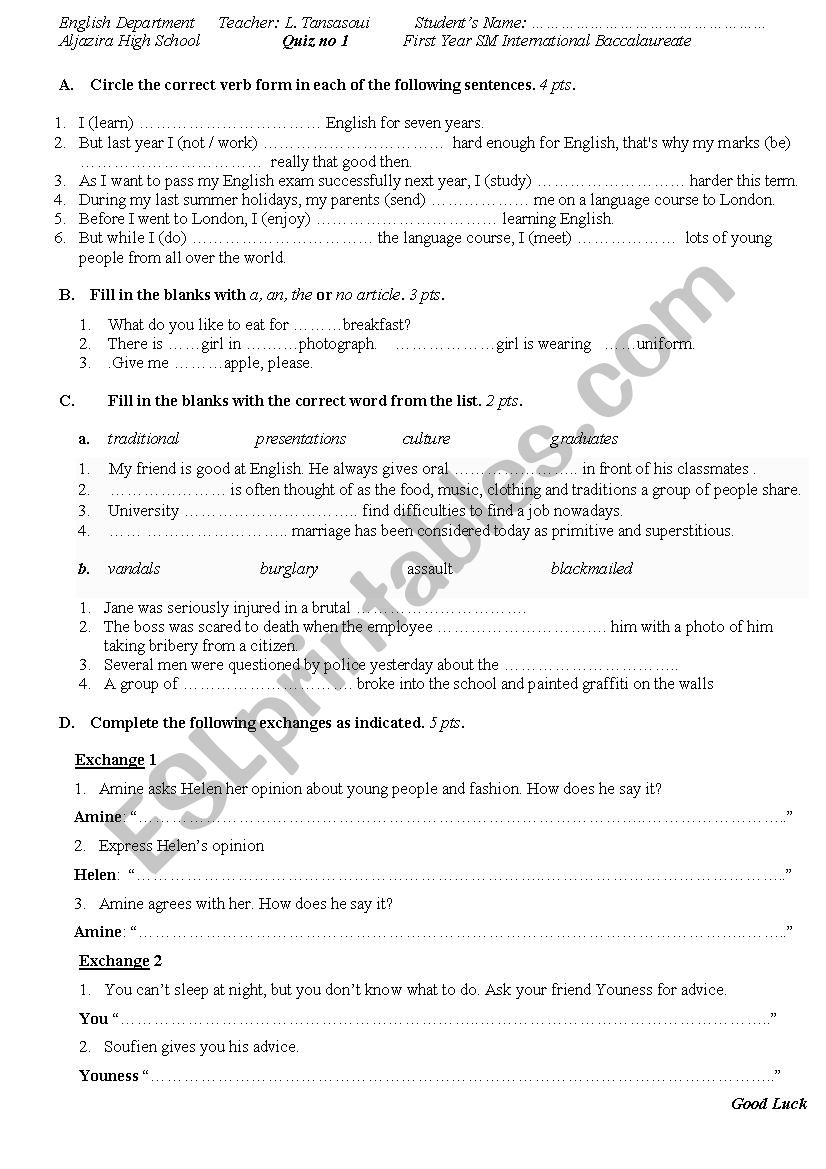 Quiz worksheet