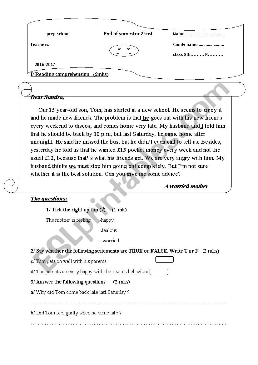 End of semester 2 test worksheet