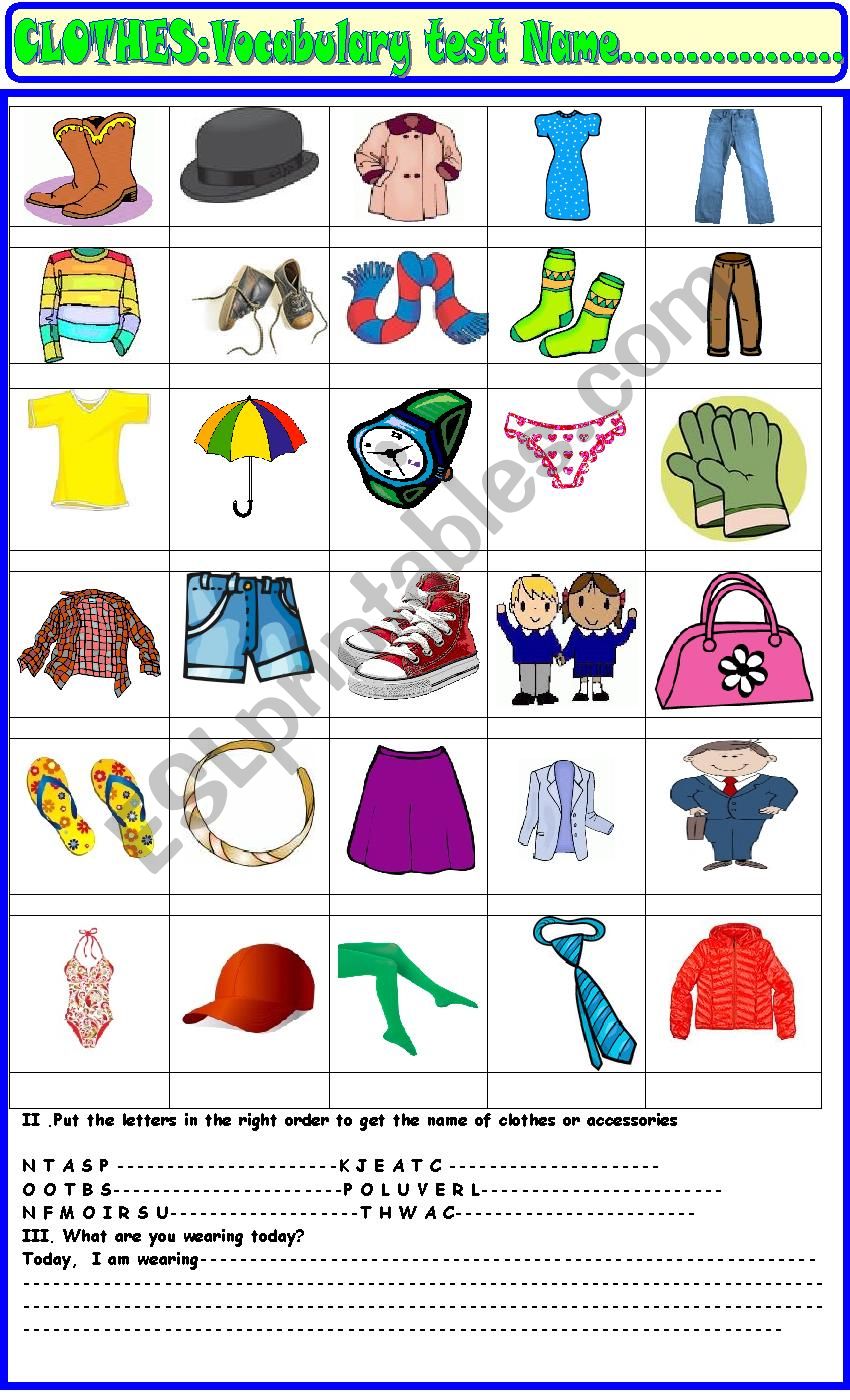 Clothes  vocabulary test for young learners
