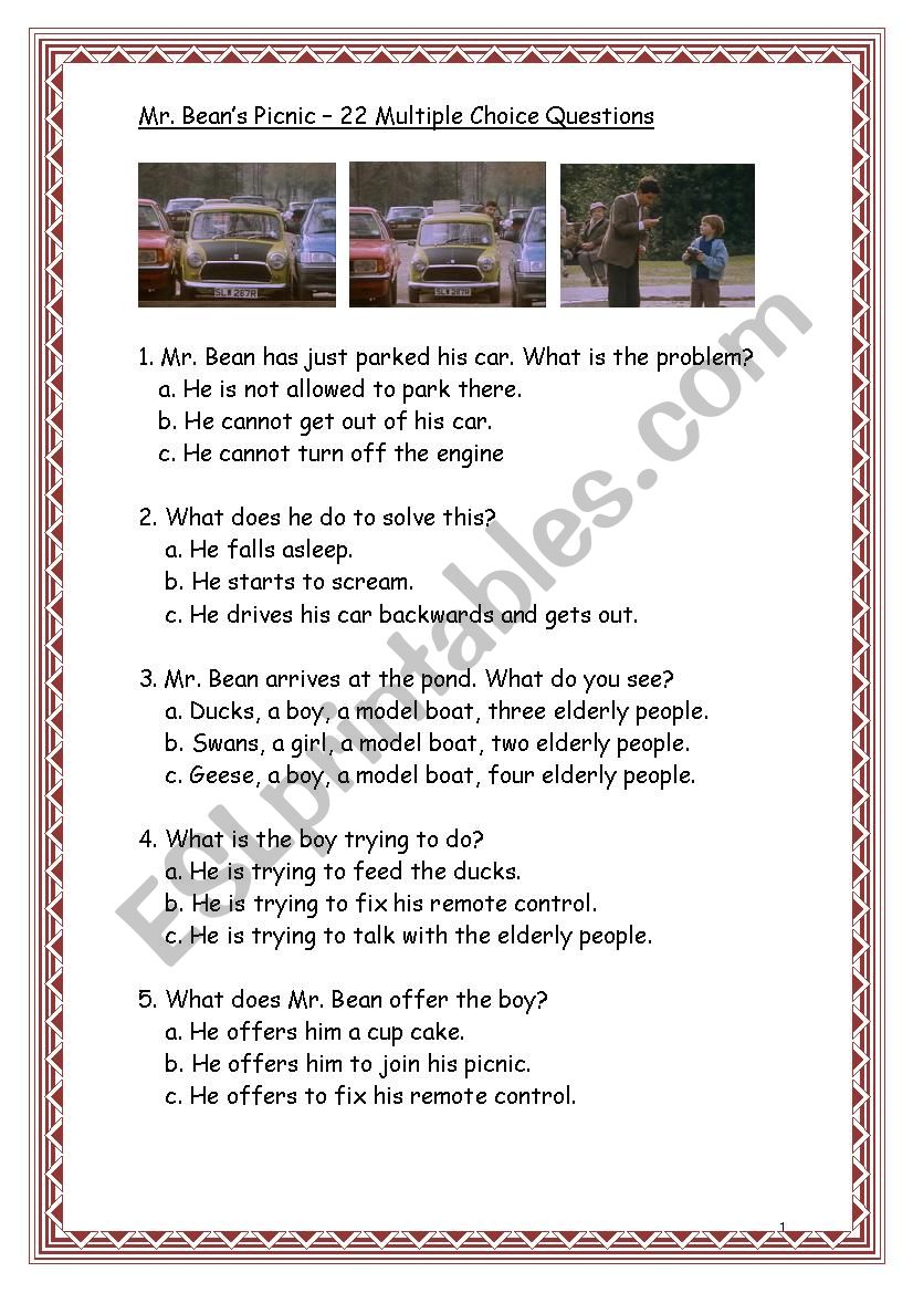 Mr. Beans Picnic - 22 Multiple Choice Questions