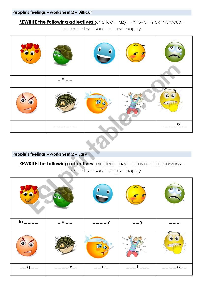 Feelings - Difficult and easy worksheet