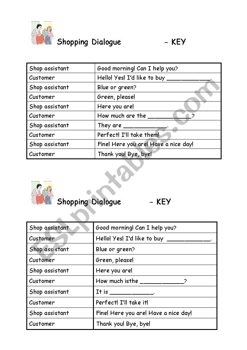 Shoppping Dialogue + Key worksheet