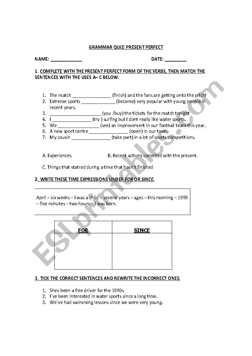 Present Perfect revision worksheet