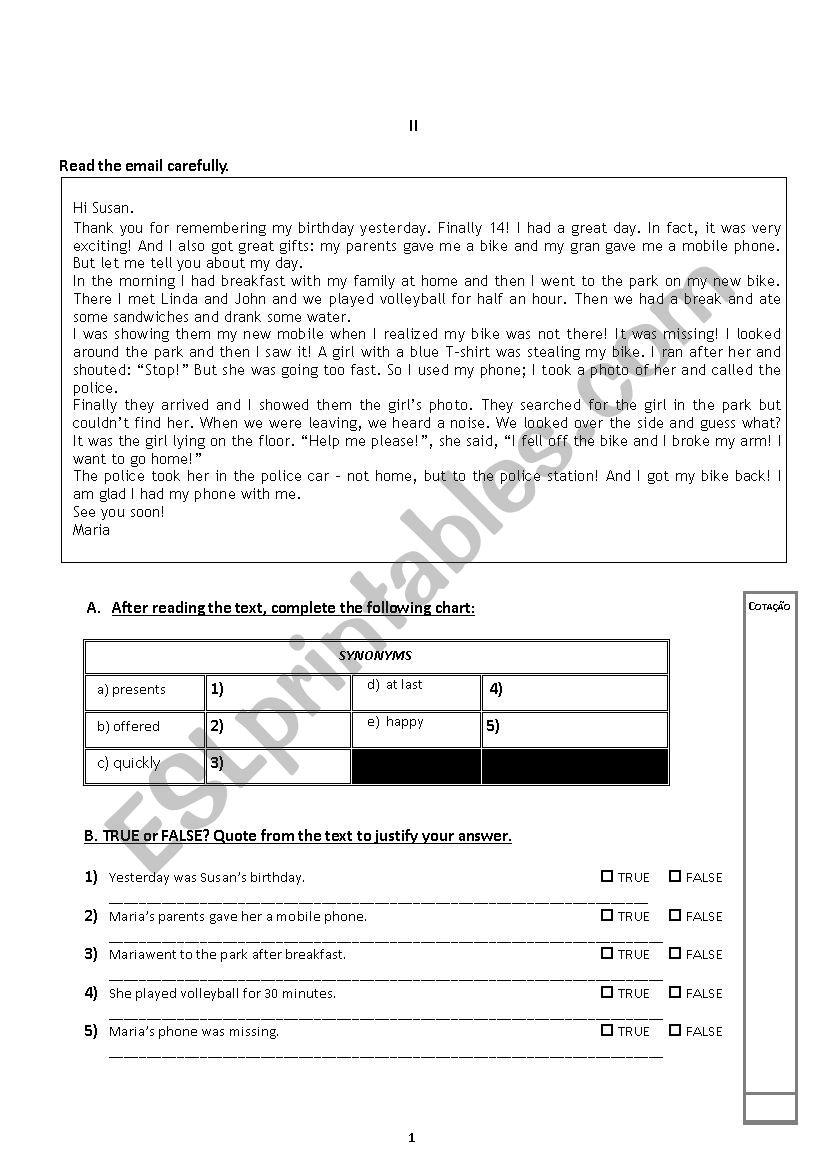 Test 7th grade - Past actions worksheet