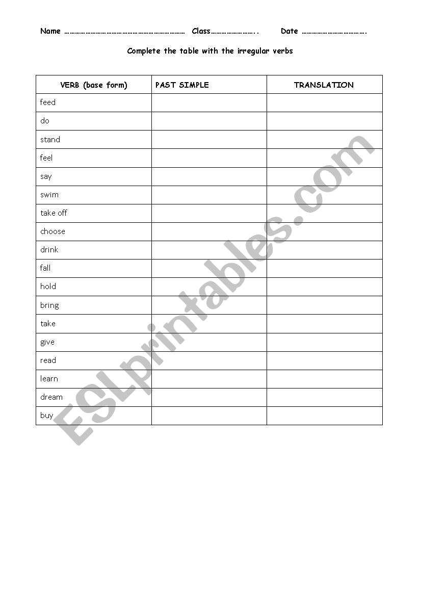 Irregular verbs test worksheet