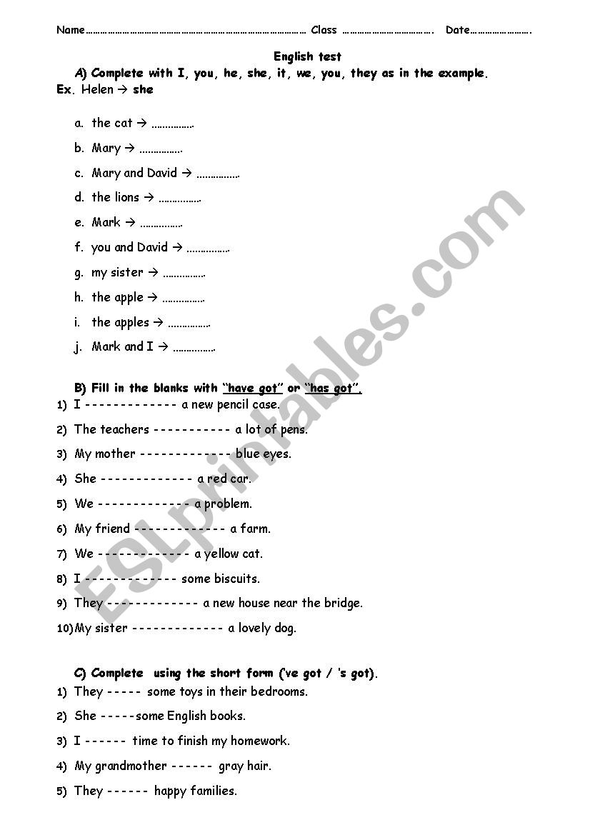 Subject pronouns and have got worksheet