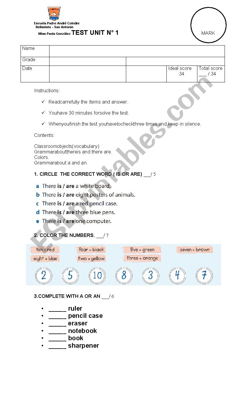 test about classroom objects colors and numbers 