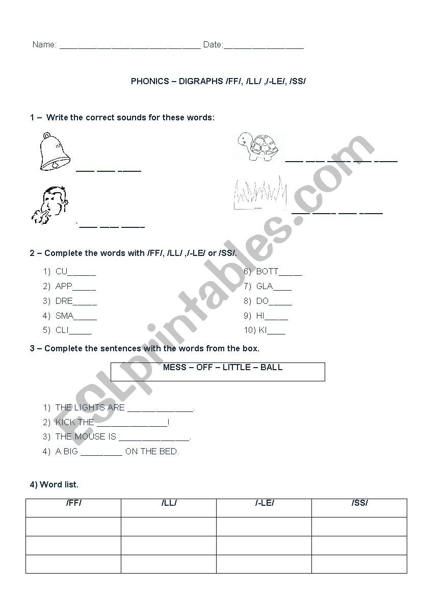 Digraphs - LL -LE - FF - SS worksheet